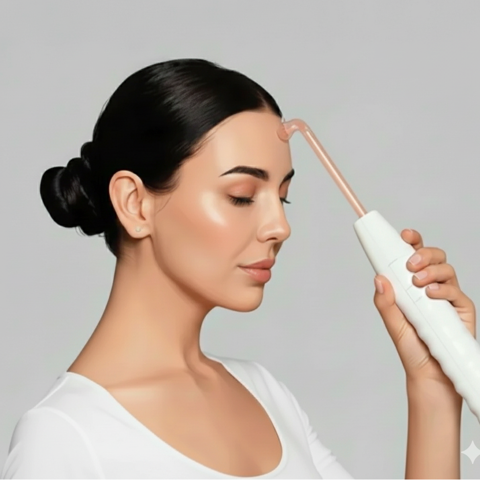 Woman using a skincare device on her face against a plain background